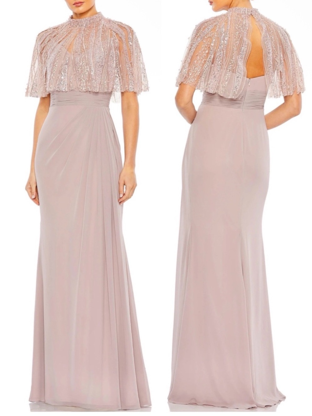 Mac Duggal Blush Pink Beaded Cape Maxi Gown